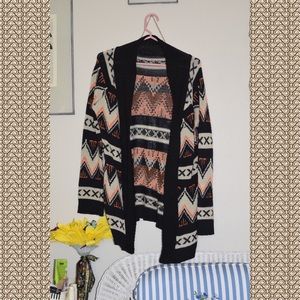 black, tan, and orange geometric cardigan